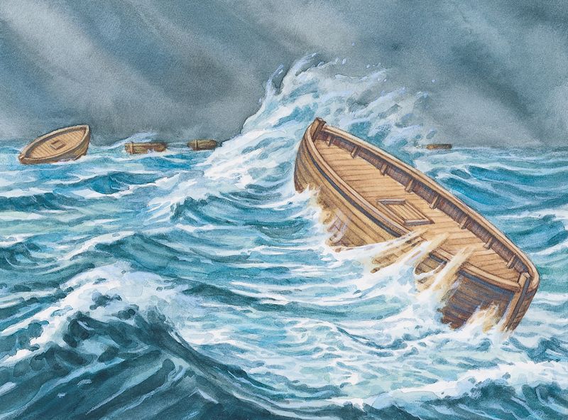 wooden boat in waves to show the Jaredite barges